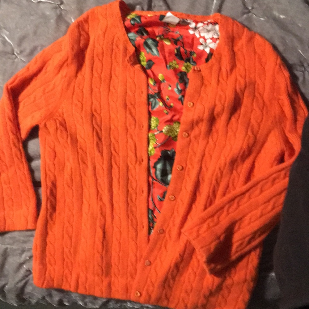 J Crew Merino Wool orange cardigan sweater silk